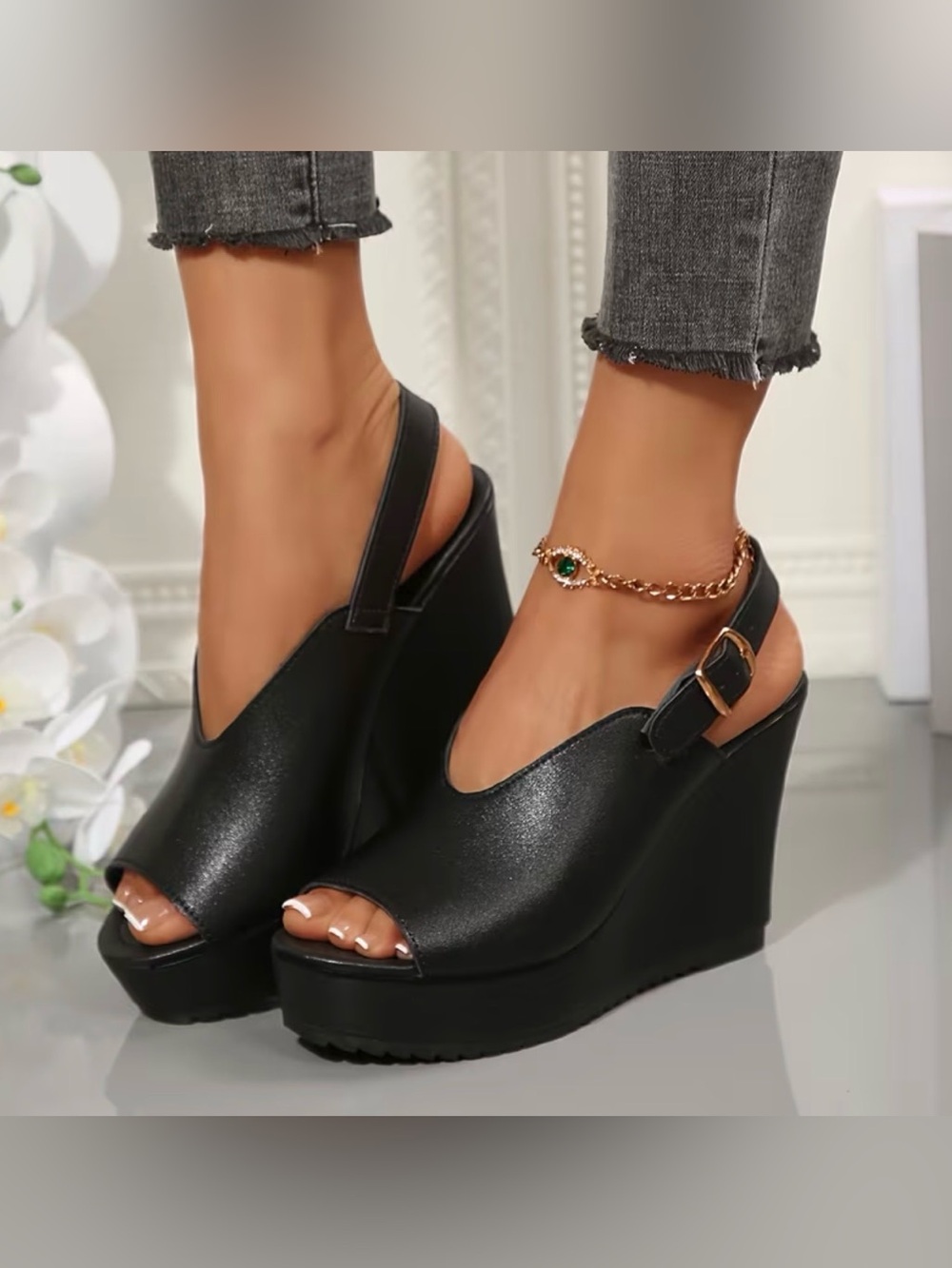 New -Chic -Retro Style Faux Leather Platform Chunky Wedge Sandals -Black -Size 8